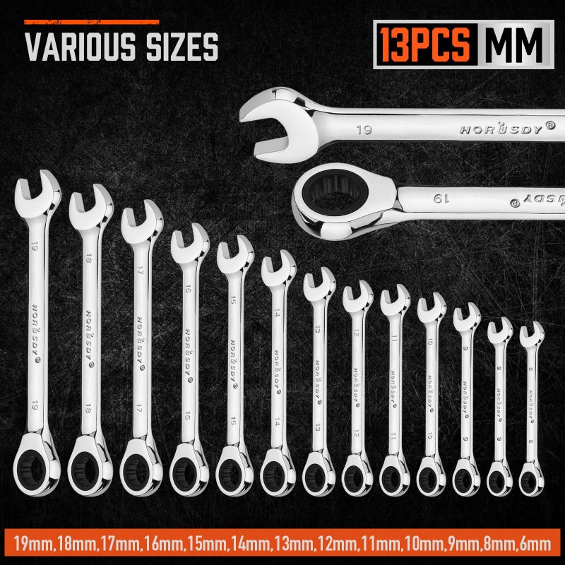 HORUSDY 13-Piece Sturdy Ratcheting Wrench Set | Metric Sizes 6-19mm | Max Torque Ratchet Combination Wrenches Set with Storage Rack | 72-Tooth | Chrome Vanadium Steel - Image 2
